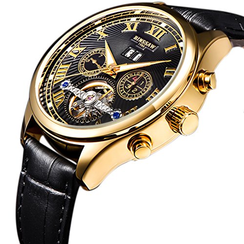 BINSSAW Men’s Tourbillon Automatic Mechanical Watch Fashion Casual Golden Luxury Brand Man Leather Calendar Week Black Fashion Watches Table Gift Wristwatch
