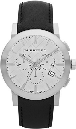 Swiss Burberry LUXURY Chronograph Watch Men Unisex The City Black Leather Silver Date Dial BU9355