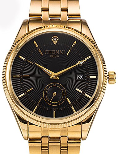 Fanmis Men’s Luxury Analog Quartz Black Dial Gold Watch Business Stainless Steel Band Dress Wrist Watch Classic Calendar Date Window 3ATM Water Resistant