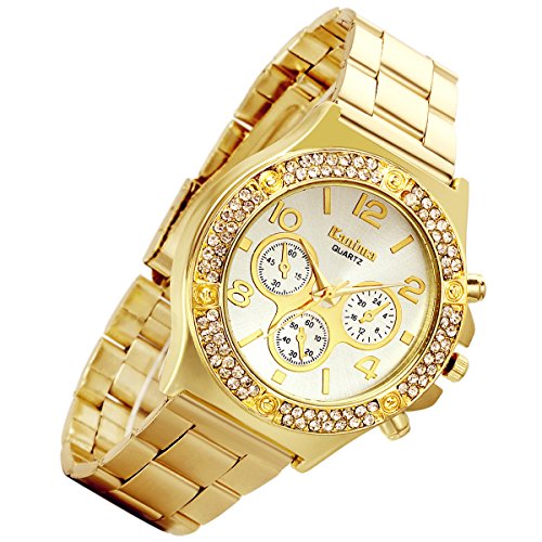 Lancardo Luxury Bling Double Daul Rhinestone Bezel Gold Tone Watch (Gold)
