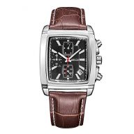 Mens Business Quartz Watch Stainless Steel Rectangle Case Brown Leather Band Luxury Waterproof Calendar Watch