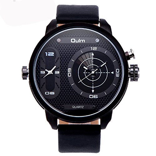 Randon Luxury Mens Fashion Design Dual Movt Quartz Analog Wrist Watch Black Leather Strap Sports Watches