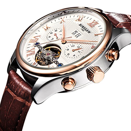 BINSSAW Men’s Tourbillon Automatic Mechanical Watch Fashion Casual Rose Gold White Luxury Brand Man Leather Calendar Week Brown Fashion Table Watches Gift