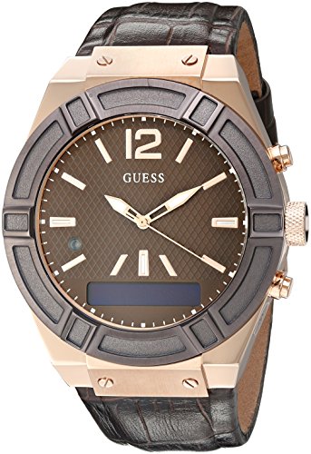 GUESS Men’s CONNECT Smartwatch with Amazon Alexa and Genuine Leather Strap Buckle – iOS and Android Compatible –  Rose Gold