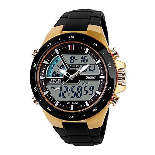 SKMEI Men’s Digital Sports Watch with LED Back Light Large Face Water Resistant Military Watches Casual Luminous Stopwatch Alarm Simple Army Watch – Gold