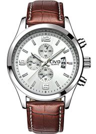 CIVO Men’s White Decorative Dial Luxury Brown Leather Band Waterproof Simple Wrist Watch Business Casual