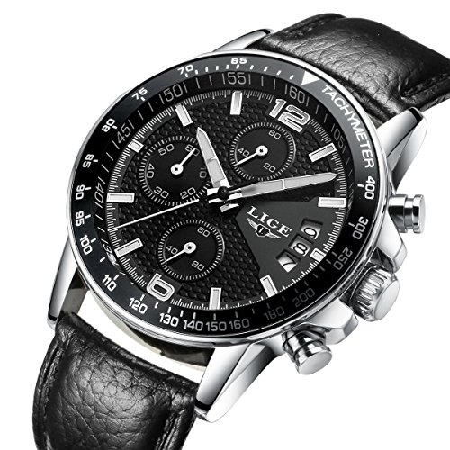 Quartz Chronograph Waterproof Watches Business And Sport Design Leather Band Strap Wrist Watch (black)