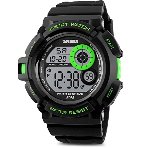Aposon Mens Boys Kids Sport Running Watch, Digital Electronic 50M Waterproof Military Army Sports LED Wristwatch Water Resistant with Stopwatch Unique Dial 7 Color Changeable Backlight – Green