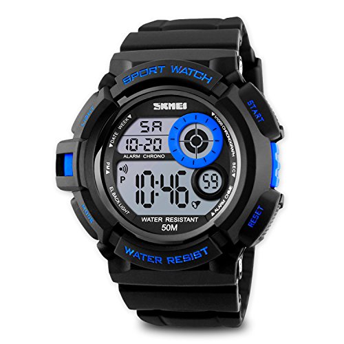 Aposon Mens Sport Running Watch, Digital Electronic 50M Waterproof Military Army Sports LED Wristwatch Water Resistant with Stopwatch Unique Dial 7 Color Changeable Backlight – Blue
