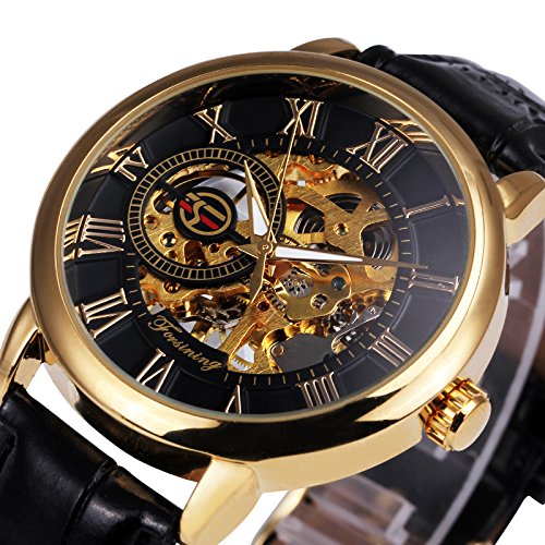 2017 Caluxe Luxury Golden Men Mechanical Watch Royal Man Series Skeleton Roman Number Leather Band
