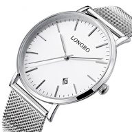 Fanmis Mens Luxury Wristwatch Silver Mesh Stainless Steel Ultra-thin White Dial Waterproof Calendar Quartz Watch