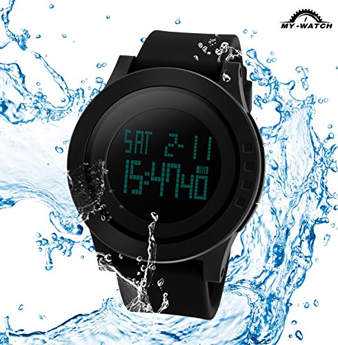 My-Watch Men’s Digital Watch Black Waterproof Sport Timing Multifunctional Stopwatches 12H/24H Wrist with LED Back Light Large Face