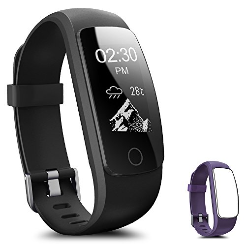 Fitness Tracker, Coffea H7-HR Activity Tracker : Heart Rate Monitor Wireless Bluetooth Smart Wristband Bracelet, Waterproof Fitness Watch with Replacement Band for Android & IOS (Black+Purple Band)