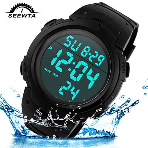 SEEWTA Mens Digital Sports Watch 50M Waterproof Outdoor Alarm Electronic LED Military Wrist Watches