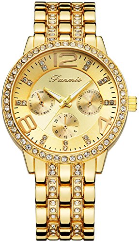 Fanmis Luxury Round Rhinestone Stainless Steel Watches Unisex Classic Analog Display Japanese Quartz Watch