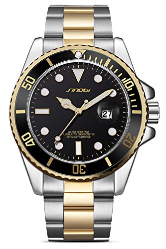 Takyae Mens Watch Luxury Sapphire Glass Luminous Sliver Gold Stainless Steel Quartz Wristwatch Black