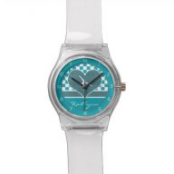 Teal Green Checkered Gymnastics with Monogram Wrist Watch
