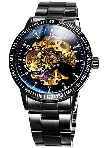Men’s Black Stainless steel Gold dial Steampunk Skeleton Luxury Casual Automatic Mechanical Wristwatch