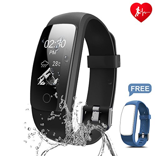 Fitness Tracker, Ronten R7 Plus Fitness Watch With Heart Rate Monitor, Waterproof Activity Tracker, Wireless Bluetooth Smart Bracelet with Replacement Strap for Android & IOS (Black+Blue(strap))