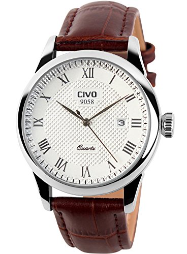 CIVO Men’s Luxury Brown Leather Band Date Calendar Wrist Watch Casual Business Waterproof Dress Watch