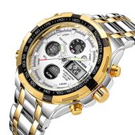 Affute Luxury Sport Digital Analog Quartz Watches for Men Waterproof Led Chronograph Stainless Steel Wristwatch,Gold Silver