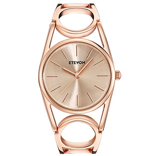 ETEVON Women Quartz Rose Gold Wrist Watch with Round-Hollowed Bracelet Stainless Steel Waterproof, Fashion Luxury Dress Bangle Watches for Woman Lady
