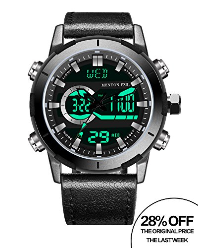 Menton Ezil Mens Sport Watch Digital Analog Waterproof Multifunctional Military Leather Strap Wrist Watches