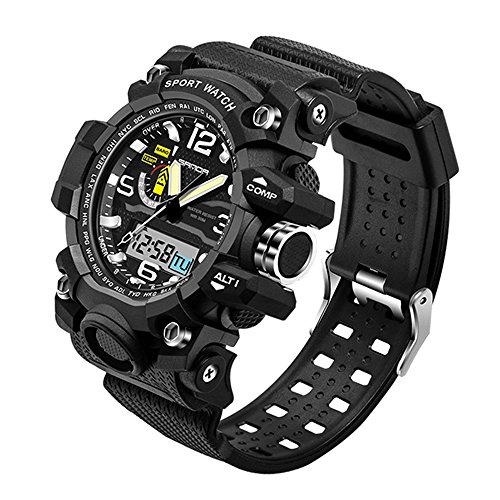 Smalody Men Watches Dual Movement Sports Casual LED Digital Watch Waterproof Quartz Analog Military Wristwatch (Black)