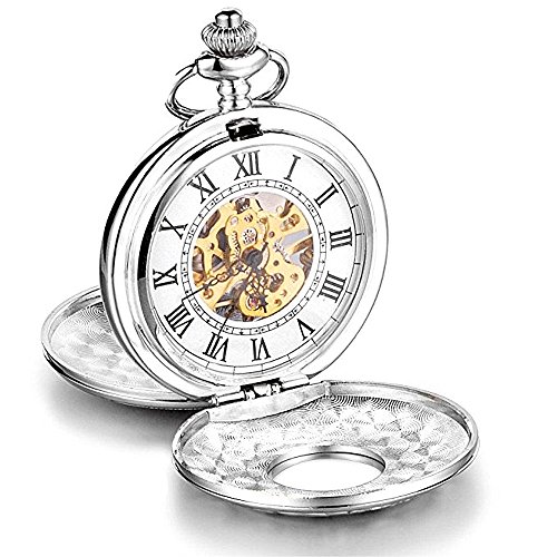 LOCHING Luxury Retro Mechanical Pocket Watch Hollow Skeleton Unisex Silver Case Pendant With Chain Gift