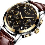 Men Leather Strap Watches Men’s Chronograph Waterproof Sport Date Quartz Wrist watch Black gold