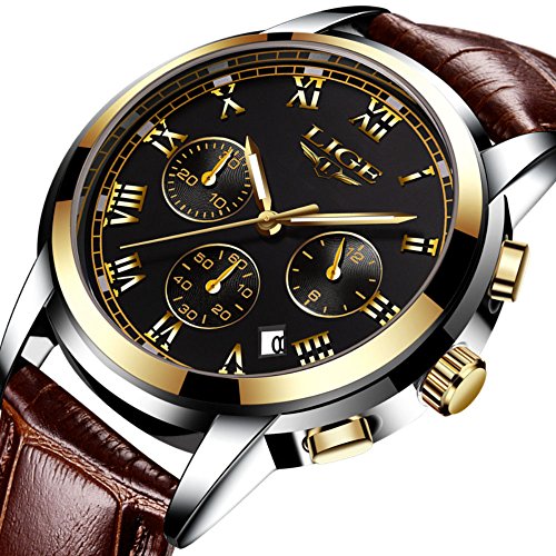 Men Leather Strap Watches Men’s Chronograph Waterproof Sport Date Quartz Wrist watch Black gold