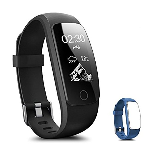 Fitness Tracker, Coffea H7-HR Activity Tracker : Heart Rate Monitor Wireless Bluetooth Smart Wristband Bracelet, Waterproof Fitness Watch with Replacement Band for Android & IOS (Black+Navy Band)