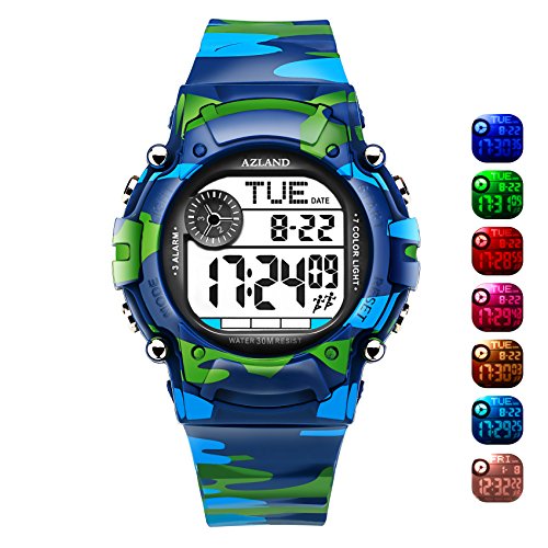 AZLAND 7 Colors Flashing, Multiple Alarms Potty Training Reminder Sports Kids Wristwatch Waterproof Boys Girls Digital Watches Camo, for Age 4-12