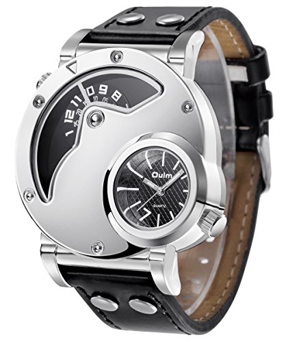 Aposon Men’s Unique Analog Watch, Luxury Fashion Dress Quartz Wrist Watches with Comfortable Leather Band Large Face Dual Dial Cool Design Two Time Zone Silver