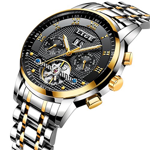 Luxury Automatic Mechanical Watches Men with Silver Stainless Steel Band Black Dial