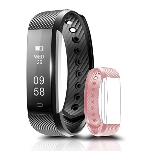 Fitness Tracker, Coffea C2 Activity Wristband : Bluetooth Wireless Smart Bracelet, Waterproof Pedometer Activity Tracker Watch with Replacement Band for IOS & Android Smartphone (Black+Pink strap)