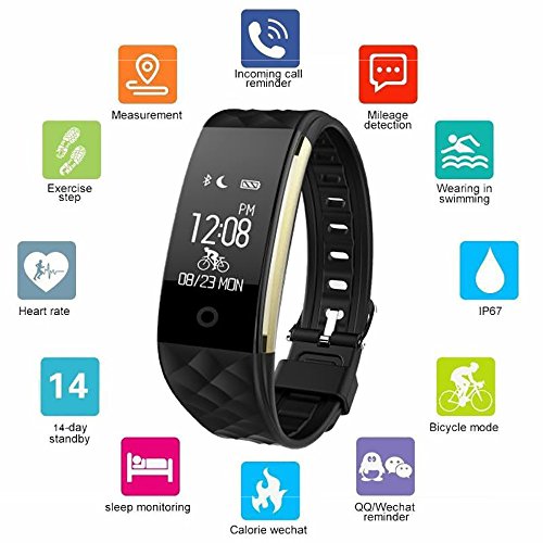 Fitness Tracker Bloranda Smart Wristband Bracelet IP67 Waterproof Wireless Bluetooth Activity Heart Rate Sleep Monitor Pedometer Sport Watch for Android and IOS (Black)
