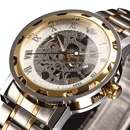 ALPS Watch,Mens Luxury Classic Skeleton Mechanical Stainless Steel Watch With Link Bracelet,Dress Automatic Wrist Hand-Wind Watch(WhiteGold)