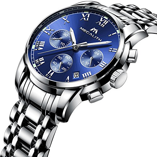 Mens Stainless Steel Chronograph Watches Men Luxury Waterproof Sports Date Analogue Blue Dial Wrist Watch