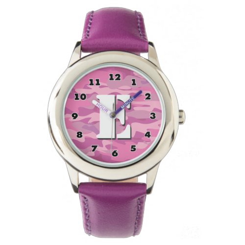 Girls pink camo watch with personalized monogram