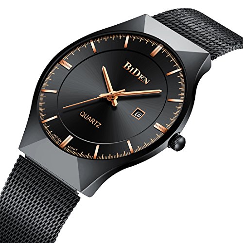 Mens Simple Designer Analogue Quartz Watches Black Men’s Mesh Strap Luxury Date Calendar Ultra Slim Wrist Watch Stainless Steel Band Waterproof Business Casual Watches for Men Black Dial