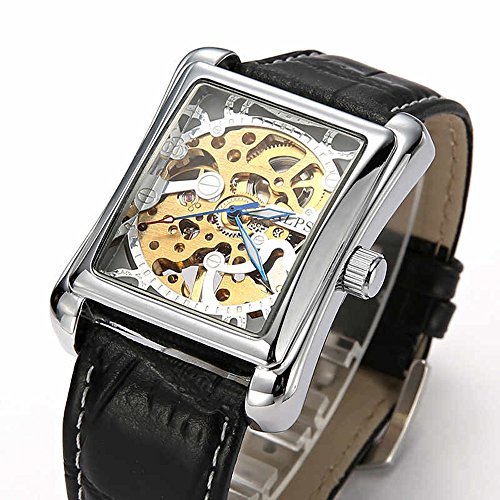 ALPS Men’s Luxury Skeleton Hand Wind Rectangle Dial Automatic watch With Black Leather Band