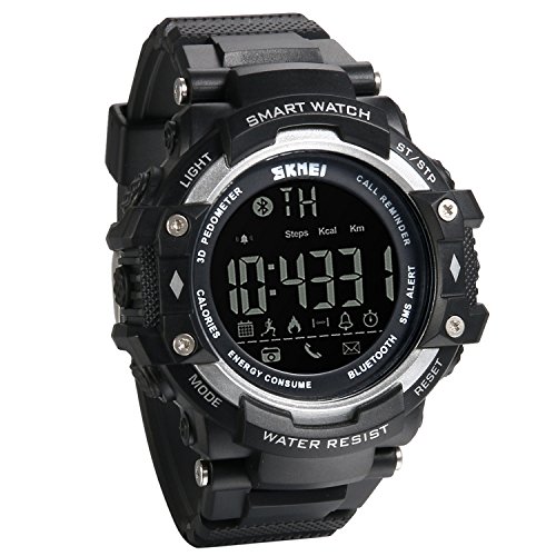 JewelryWe Mens Multifunctional Digital Sport Smart Watch with Bluetooth Pedometer Remote Camera 5ATM Water Resistant – Black Silver