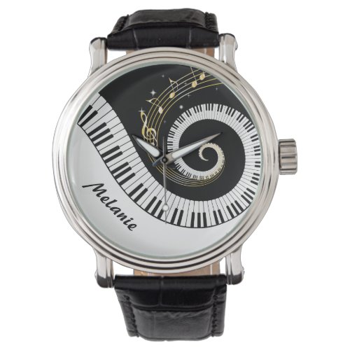 Customizable Piano Keys and Gold Music Notes Wrist Watch