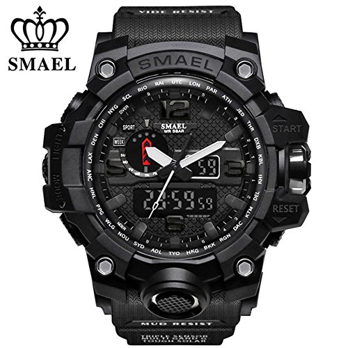 SMAEL Men’s Sports Analog Quartz Watch Dual Display Waterproof Digital Watches with LED Backlight relogio masculino (Black)