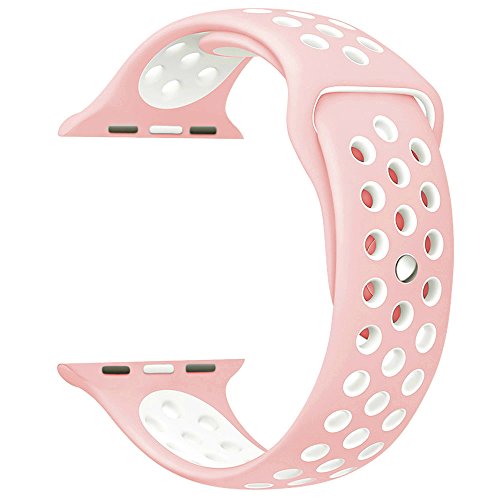 OULUOQI for Apple Watch Band 38mm, Soft Silicone Replacement Band for Apple Watch Series 3, Series 2, Series 1, Sport , Edition, S/M Size ( Pink/White)