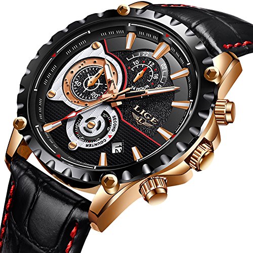 LIGE Watches Men Bussiness Fashion Leather Strap Waterproof Sport Watch Gents Chronograph Date Calendar Top Brand Luxury Analogue Quartz Wrist Watch Black
