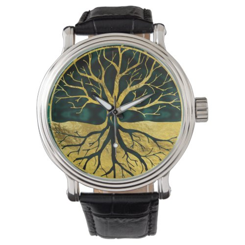 Golden Tree of Life Yggdrasil on Malachite Wrist Watch