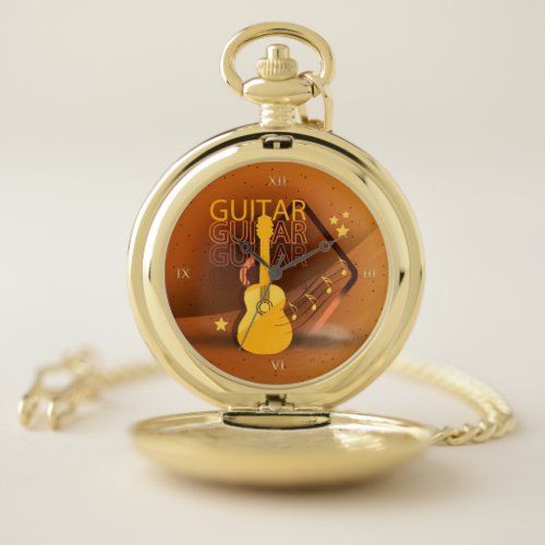 Acoustic Guitar Words and Music Amber ID570 Pocket Watch