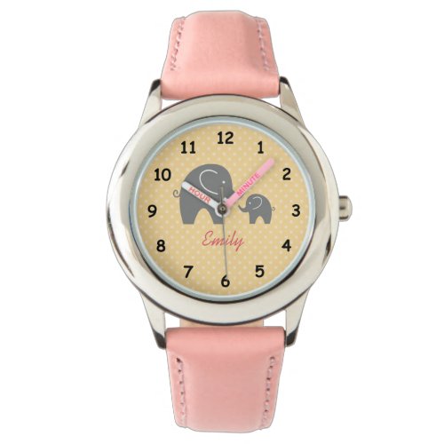 Personalized cute pink grey elephant girls watch